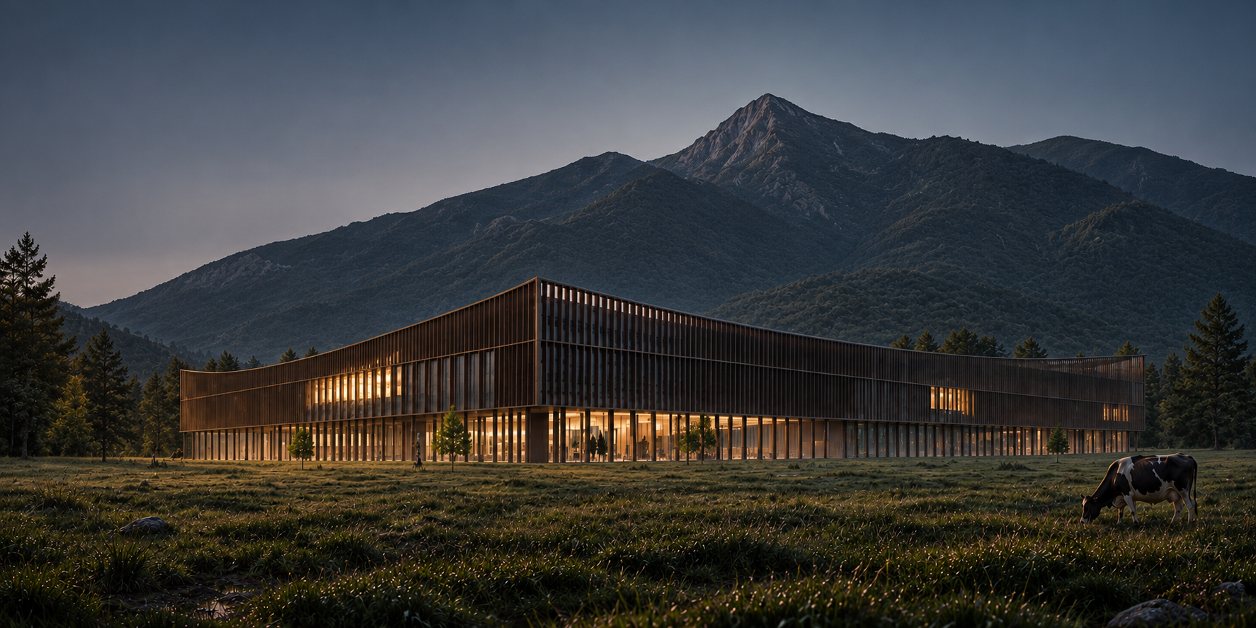 Twilight Pavilion Beneath Rugged Mountains